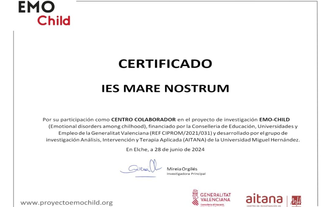El IES Mare Nostrum Participa Como Centro Colaborador en el Proyecto de Investigación Emo-Child de la Universidad Miguel Hernández De Elche