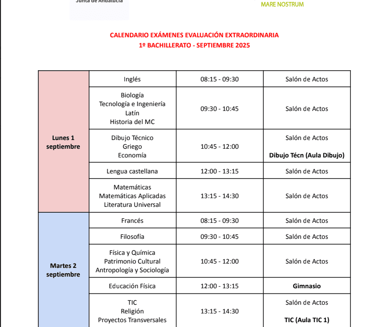 Calendario exámenes evaluación extraordinaria de septiembre 2025: 1º bachillerato